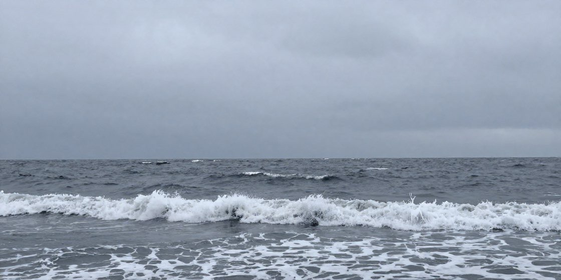 曇天の下で白波が立つ冬の北海道の海